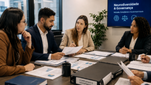 Mesa de reunião institucional com documentos jurídicos — evocação do trabalho de governança documental e compliance em neurodiversidade corporativa.