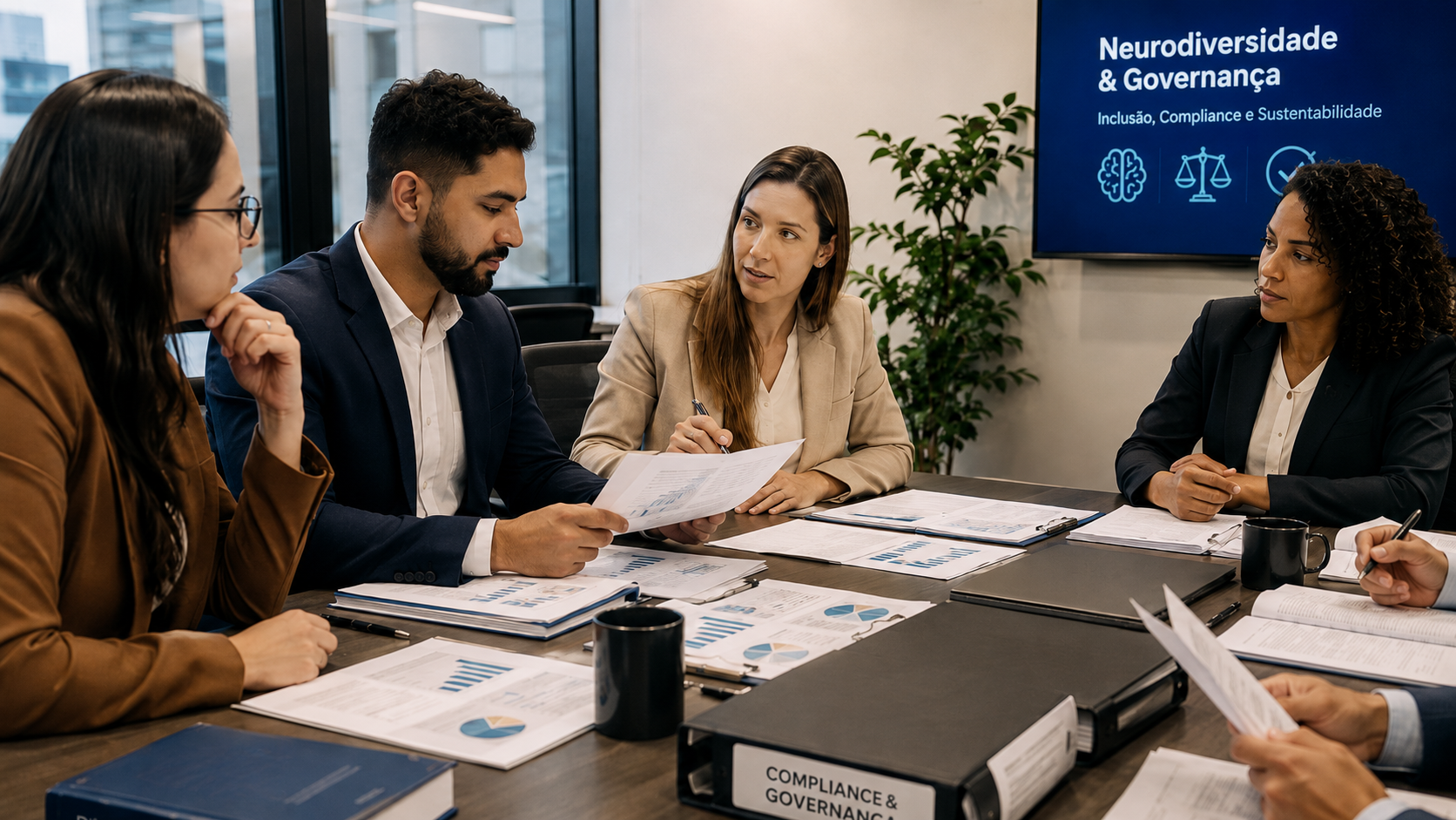 Mesa de reunião institucional com documentos jurídicos — evocação do trabalho de governança documental e compliance em neurodiversidade corporativa.