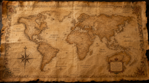 Mapa-múndi medieval em pergaminho, com rosa dos ventos e inscrições em latim, ilustrando a lenda de Preste João.