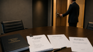 Mesa de reunião com documentos societários, representando a liquidação ordenada de uma empresa.