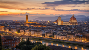 Vista de Florença ao entardecer a partir da Piazzale Michelangelo, com o Duomo e o Palazzo Vecchio.
