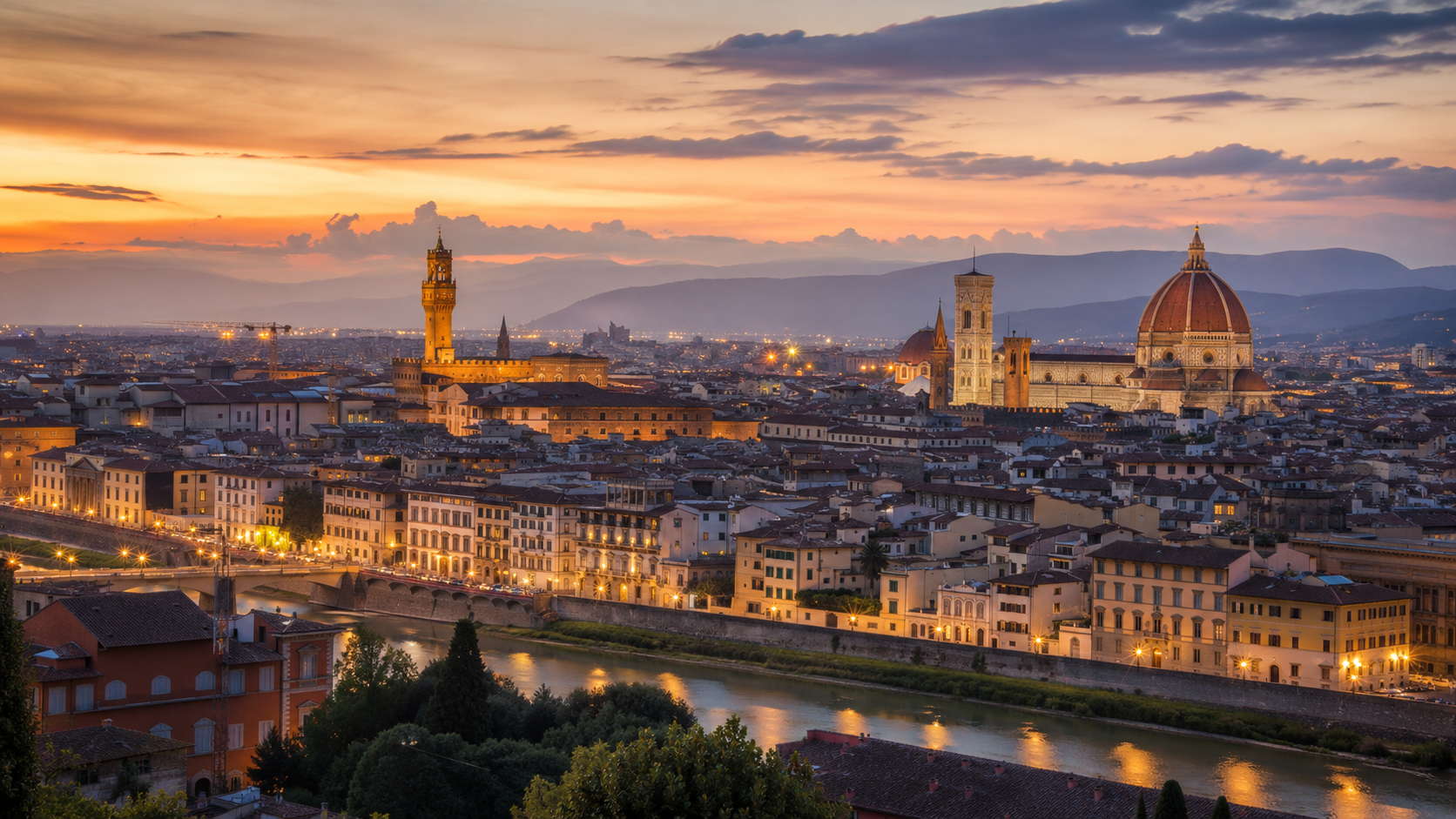 Vista de Florença ao entardecer a partir da Piazzale Michelangelo, com o Duomo e o Palazzo Vecchio.