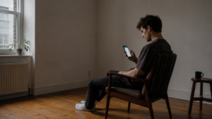 Rosto iluminado pela luz do celular no escuro, ilustrando o gozo e a atenção capturada pelas redes sociais.