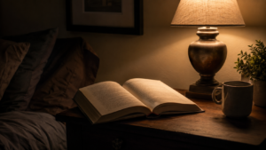 Livro aberto sob luz de cabeceira ilustrando a leitura do Alfabeto de Deus de Gianfranco Ravasi.