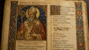 Santo Agostinho, Doutor da Igreja, retratado em manuscrito medieval — ensaio filosófico de Juvenil Alves.