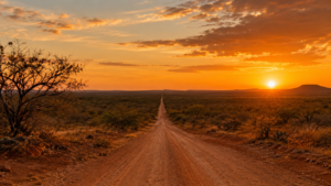 Paisagem do sertão ao entardecer com estrada de terra ao horizonte — frase de Guimarães Rosa comentada por Juvenil Alves.