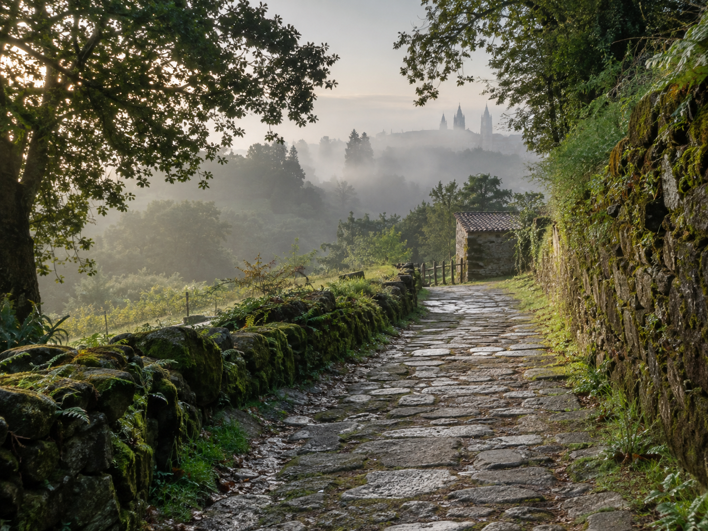 Caminho de pedras entre árvores verdes névoa manhã Santiago de Compostela Juvenil Alves.